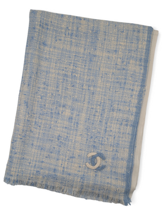 Light Blue And Beige Cashmere Woven Scarf With Embroidered Cc Logo