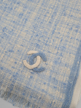 Light Blue And Beige Cashmere Woven Scarf With Embroidered Cc Logo