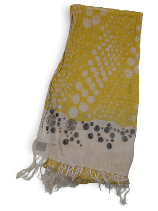 Yellow And White Tie-Dye Polka Dot Silk Scarf With Beaded Embroidery Details