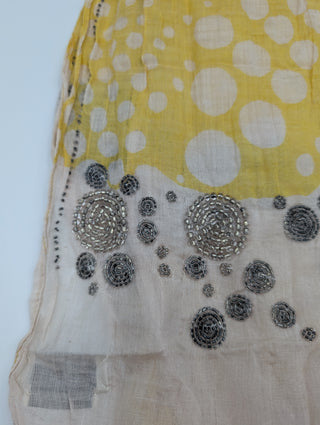 Yellow And White Tie-Dye Polka Dot Silk Scarf With Beaded Embroidery Details