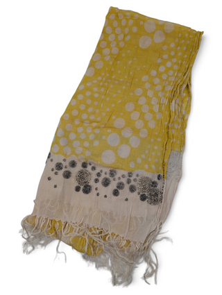 Yellow And White Tie-Dye Polka Dot Silk Scarf With Beaded Embroidery Details
