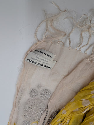 Yellow And White Tie-Dye Polka Dot Silk Scarf With Beaded Embroidery Details