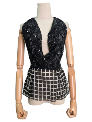 Black Sequined Low V-Neck Silk Top