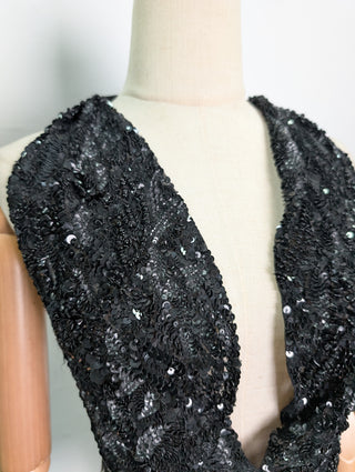 Black Sequined Low V-Neck Silk Top