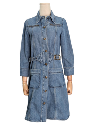 Vintage Inspired Washed Blue Denim Button Down Dress With Logo Embossed Buttons And Zip-Closure Chest Pockets