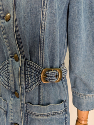 Vintage Inspired Washed Blue Denim Button Down Dress With Logo Embossed Buttons And Zip-Closure Chest Pockets