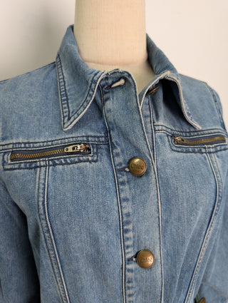 Vintage Inspired Washed Blue Denim Button Down Dress With Logo Embossed Buttons And Zip-Closure Chest Pockets