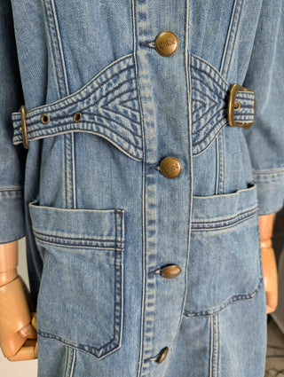 Vintage Inspired Washed Blue Denim Button Down Dress With Logo Embossed Buttons And Zip-Closure Chest Pockets
