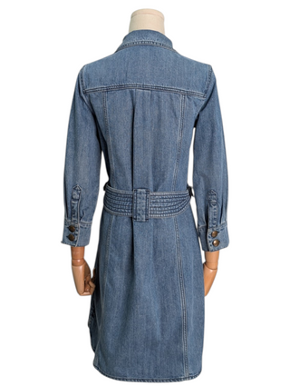 Vintage Inspired Washed Blue Denim Button Down Dress With Logo Embossed Buttons And Zip-Closure Chest Pockets