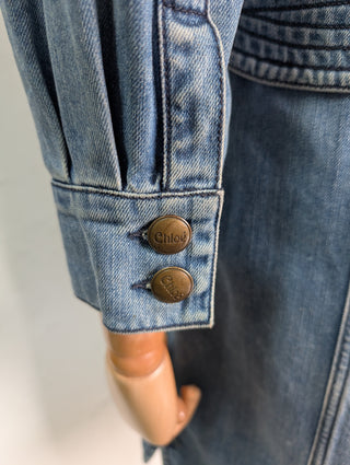 Vintage Inspired Washed Blue Denim Button Down Dress With Logo Embossed Buttons And Zip-Closure Chest Pockets