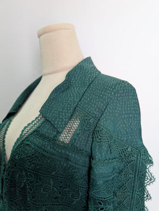 Green V-Neck Long Sleeves Pleated Dress With Lace Details