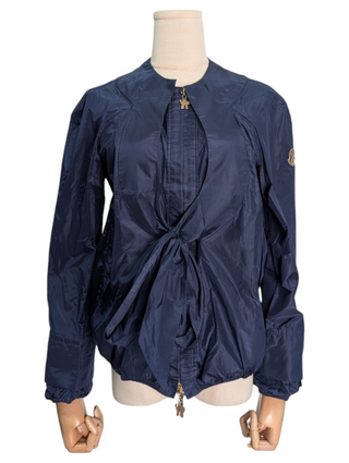 Navy Double Zip Silk Jacket With Moncler Rooster Logo Zipper Charm