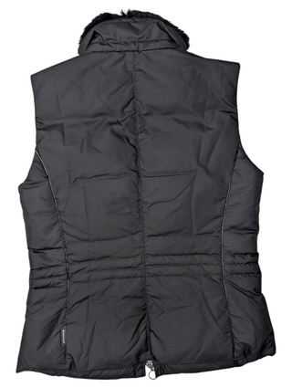 Black Puffer Vest Features Fur Trim On Collar And Circular Zipper Pull
