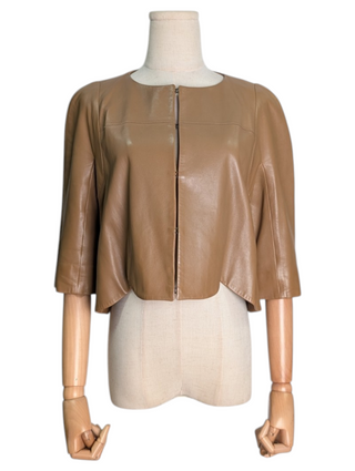 Tan Collarless Short Leather Jacket With Hook-Eye Clasps For Front Closure