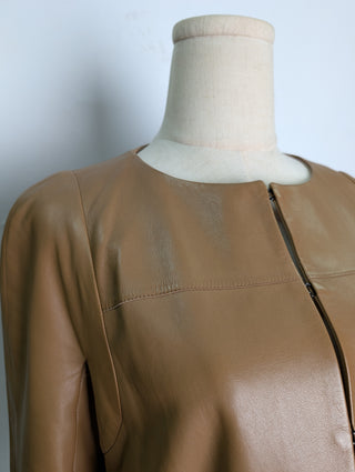 Tan Collarless Short Leather Jacket With Hook-Eye Clasps For Front Closure
