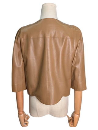 Tan Collarless Short Leather Jacket With Hook-Eye Clasps For Front Closure