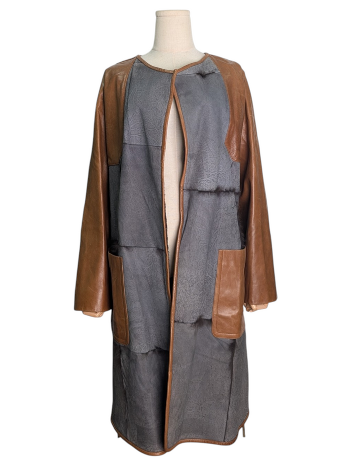 Brown And Grey Patched Leather Coat With Full Rabbit Hair Lining.