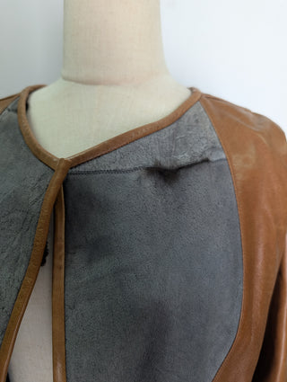 Brown And Grey Patched Leather Coat With Full Rabbit Hair Lining.