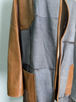 Brown And Grey Patched Leather Coat With Full Rabbit Hair Lining.