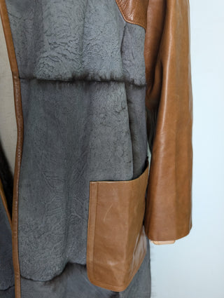Brown And Grey Patched Leather Coat With Full Rabbit Hair Lining.