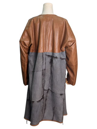 Brown And Grey Patched Leather Coat With Full Rabbit Hair Lining.
