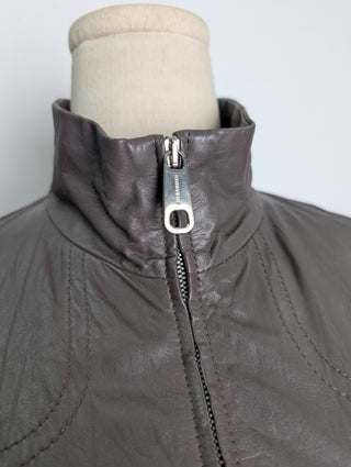 Taupe Leather Zip-Up Jacket With Beige Ribbed Sleeves And Bottom Ends