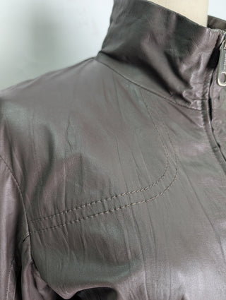 Taupe Leather Zip-Up Jacket With Beige Ribbed Sleeves And Bottom Ends