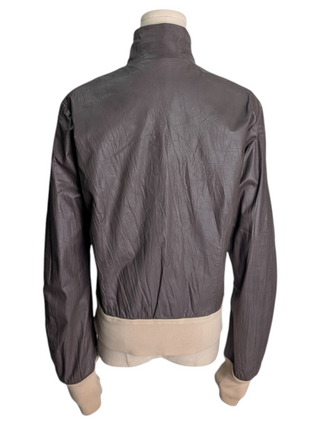 Taupe Leather Zip-Up Jacket With Beige Ribbed Sleeves And Bottom Ends
