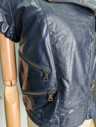 Navy Leather Puffed Short Sleeves Jacket