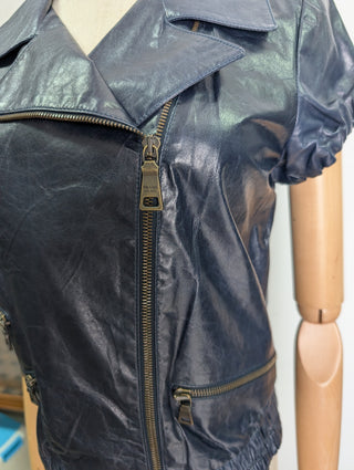 Navy Leather Puffed Short Sleeves Jacket