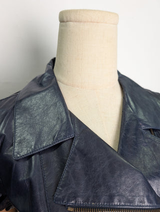 Navy Leather Puffed Short Sleeves Jacket