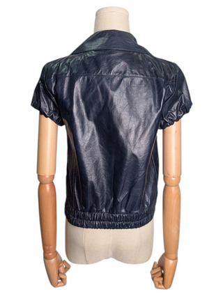 Navy Leather Puffed Short Sleeves Jacket