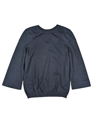 Navy V-Neck Cashmere Sweater Ffeatures A Golden Brooch With Bow Charms On A Lower Left Pocket