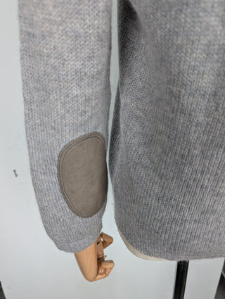 Grey Cashmere Cardigan With Suede Patches