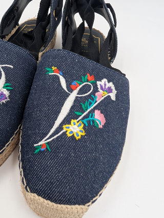 Blue Rv Denim Embroidered Platform Espadrilles