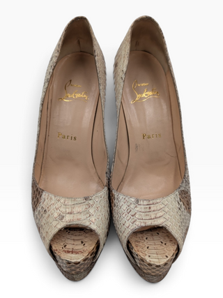 Beige Python Leather Altadama Peep Toe Platform Pumps