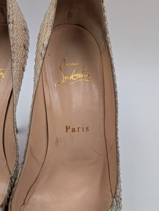Beige Python Leather Altadama Peep Toe Platform Pumps