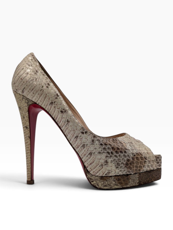 Beige Python Leather Altadama Peep Toe Platform Pumps