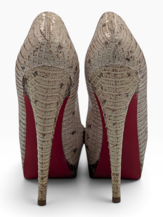 Beige Python Leather Altadama Peep Toe Platform Pumps