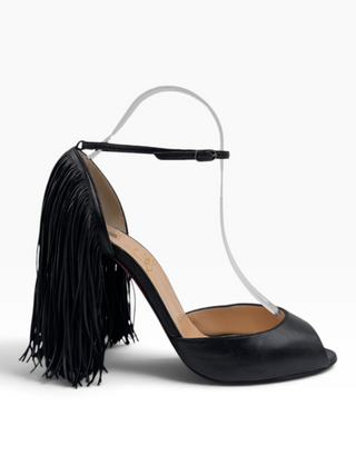 Black Leather Otrot Fringe Ankle-Strap Heels