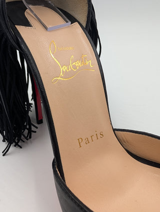 Black Leather Otrot Fringe Ankle-Strap Heels