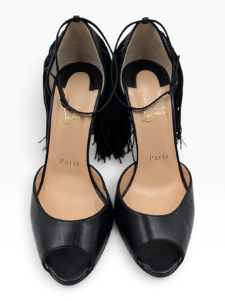 Black Leather Otrot Fringe Ankle-Strap Heels