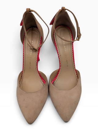 Beige Suede D'Orsay Pumps With Pink Platforms