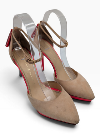 Beige Suede D'Orsay Pumps With Pink Platforms
