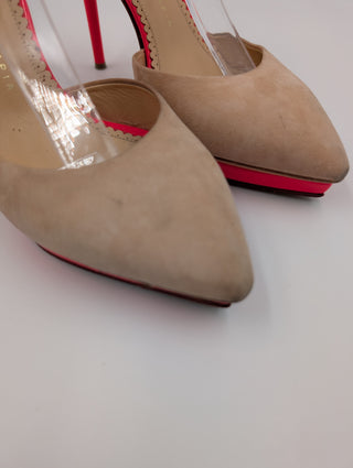 Beige Suede D'Orsay Pumps With Pink Platforms