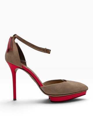 Beige Suede D'Orsay Pumps With Pink Platforms