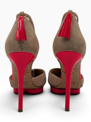 Beige Suede D'Orsay Pumps With Pink Platforms