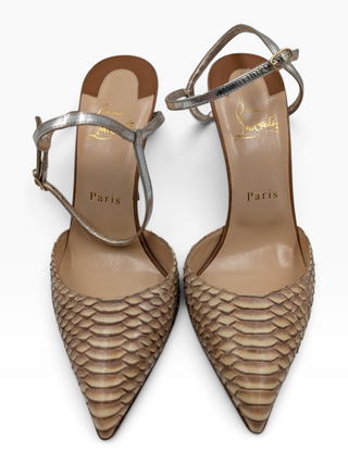 Brown Python Leather Pointed Toe Ankle Strap Heels