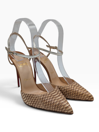Brown Python Leather Pointed Toe Ankle Strap Heels