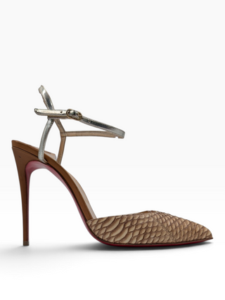 Brown Python Leather Pointed Toe Ankle Strap Heels